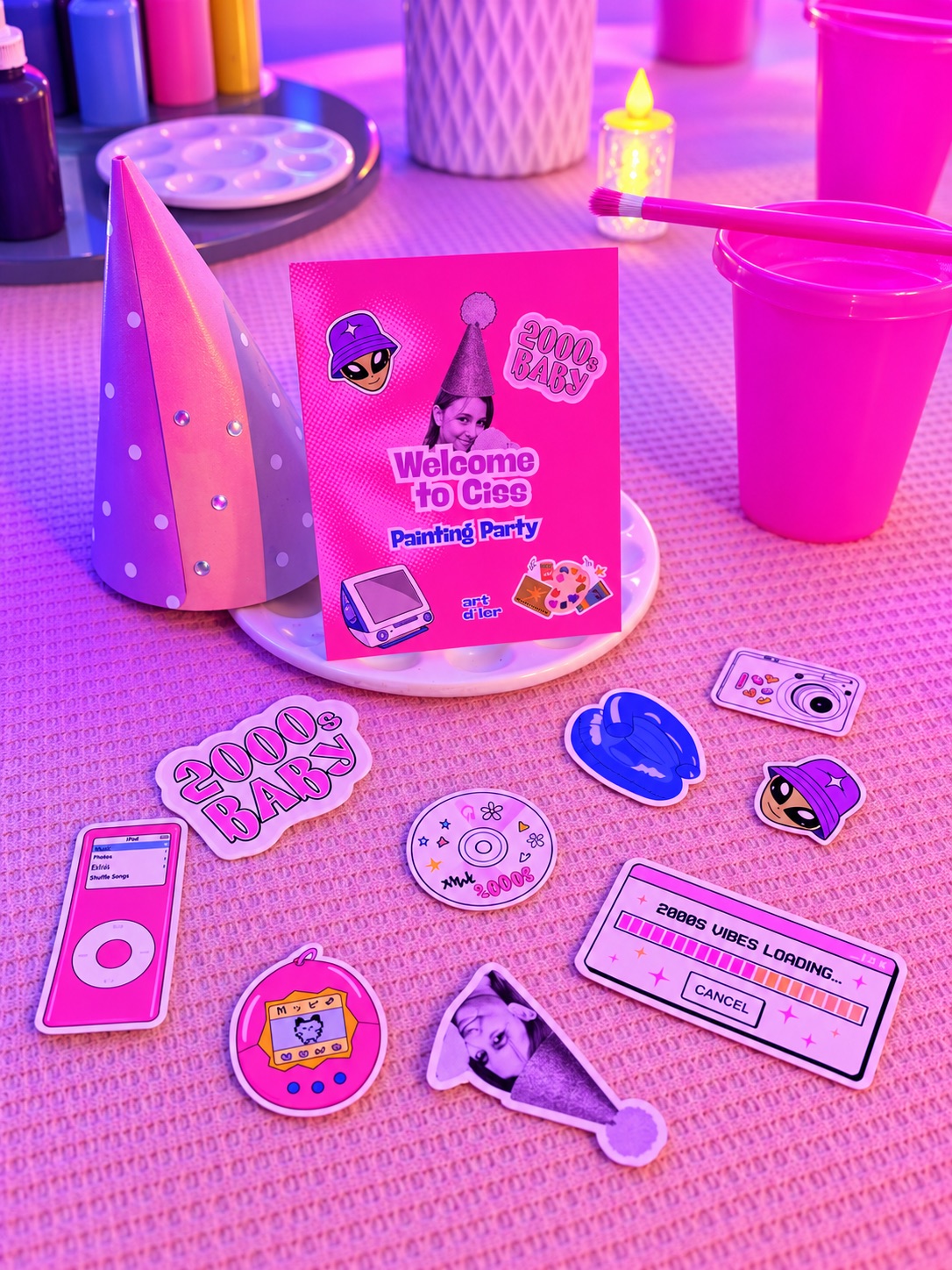 Decoración personalizada de una painting party con temática de los años dos mil